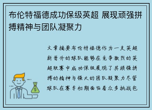布伦特福德成功保级英超 展现顽强拼搏精神与团队凝聚力 布伦特福德成功保级英超 展现顽强拼搏精神与团队凝聚力