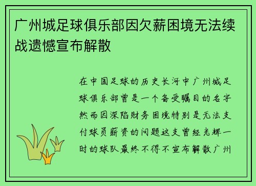 广州城足球俱乐部因欠薪困境无法续战遗憾宣布解散 广州城足球俱乐部因欠薪困境无法续战遗憾宣布解散